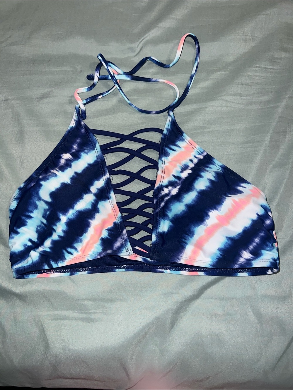 SO Women's Navy Blue, Pink & White Tie-Dye Lattice Halter Bikini Top